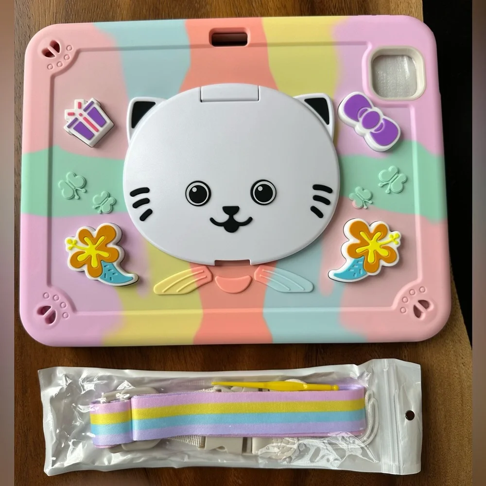 Adorable Kids Cat iPad Cover with Guitar Strap. Designed for iPad Pro 11